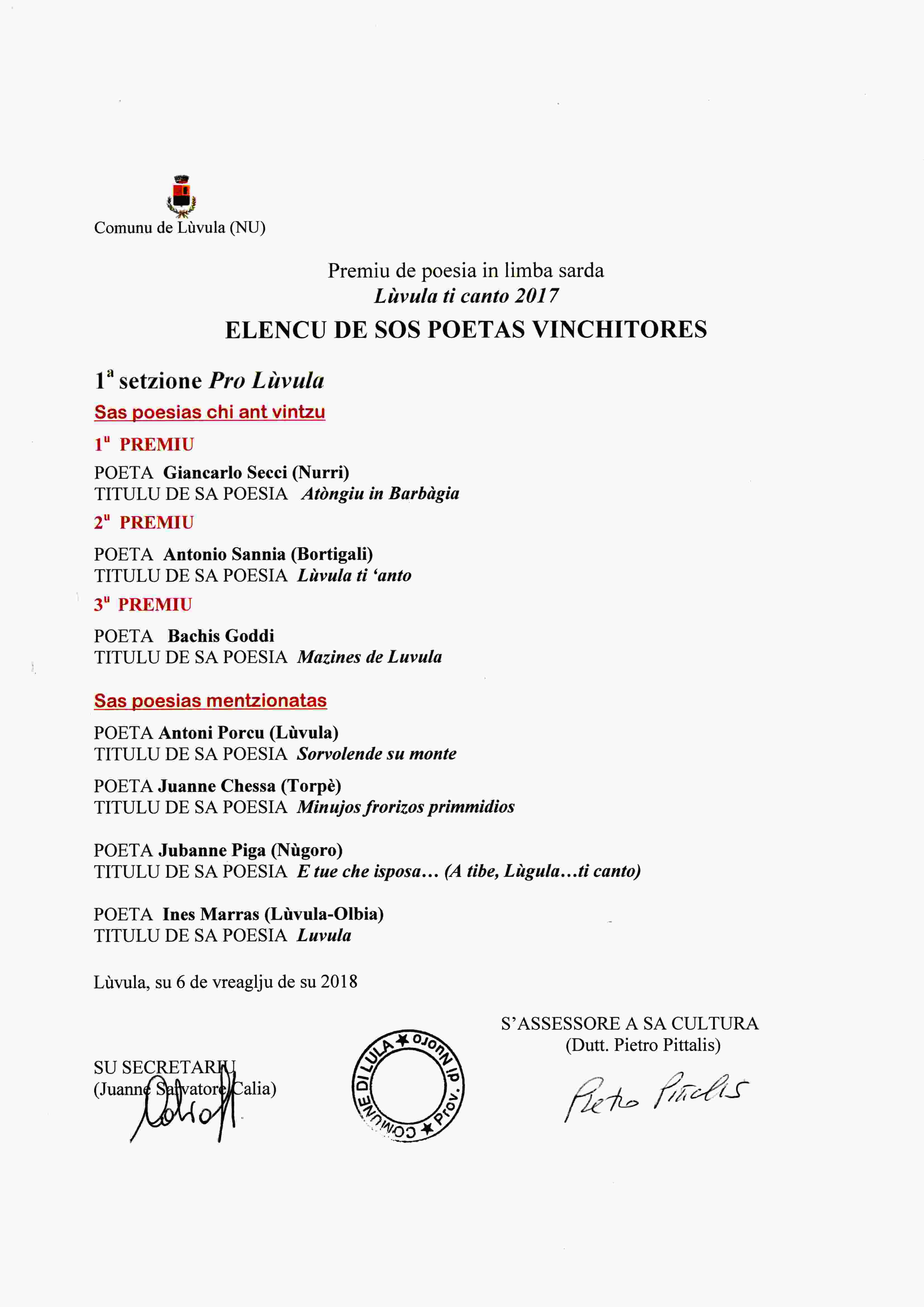 Elencos binchitòres Lùvula ti canto e Màzines de poesia - editziones 2017