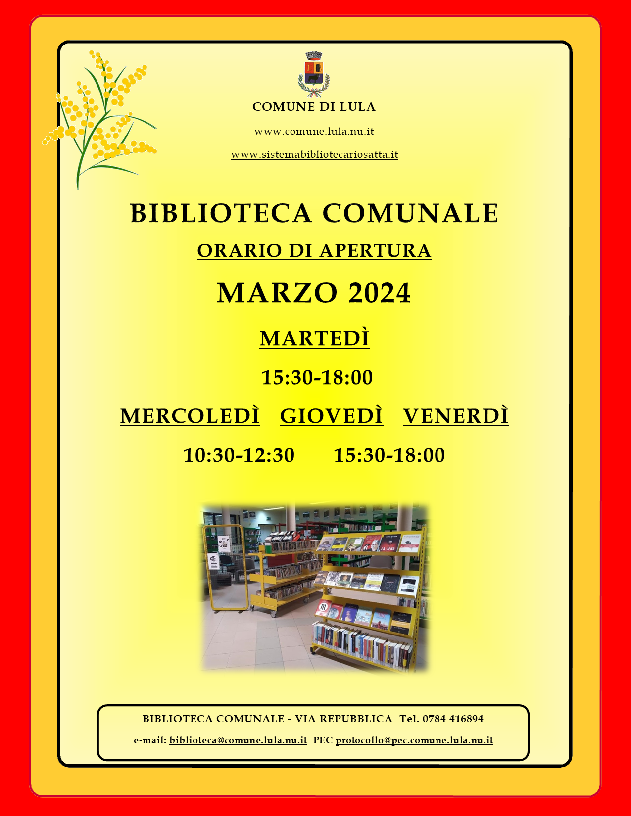 BIBLIOTECA COMUNALE - ORARIO DI APERTURA MARZO 2024