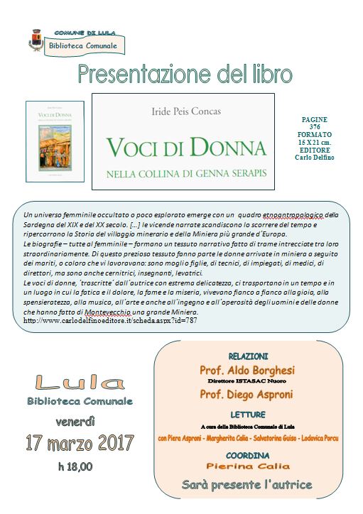 Presentazione del libro 'Voci di donna nella collina di Genna Serapis' di Iride Peis Concas